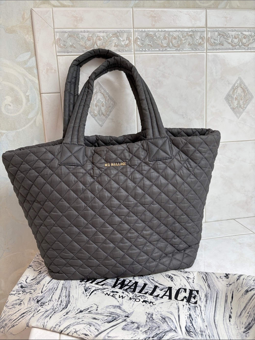 MZ Wallace Quilted Shoulder Bag Tote in Charcoal Gray